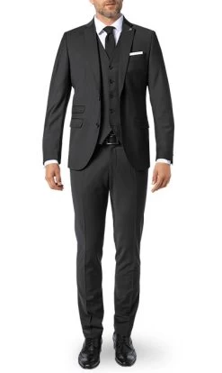 Anzug Mit Weste, Slim Fit, Schurwoll-Stretch, Schwarz