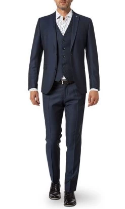 Anzug Mit Weste, Slim Fit, Schurwolle Super100, Dunkelblau Gemustert