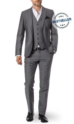 Anzug Mit Weste, Slim Fit, Schurwolle Super100, Dunkelgrau Gemustert