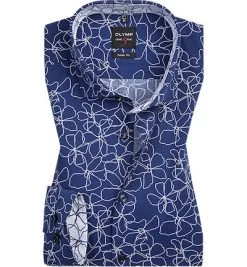 OLYMP Hemd, Body Fit, Baumwolle, Extra Langer Arm, Marine-weiß Gemustert