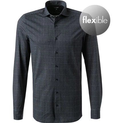 OLYMP Hemd, Body Fit, Jersey Geruchshemmend, Schwarz Kariert