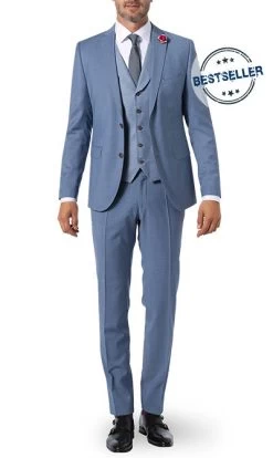 Anzug Mit Weste, Slim Fit, Schurwolle, Rauchblau