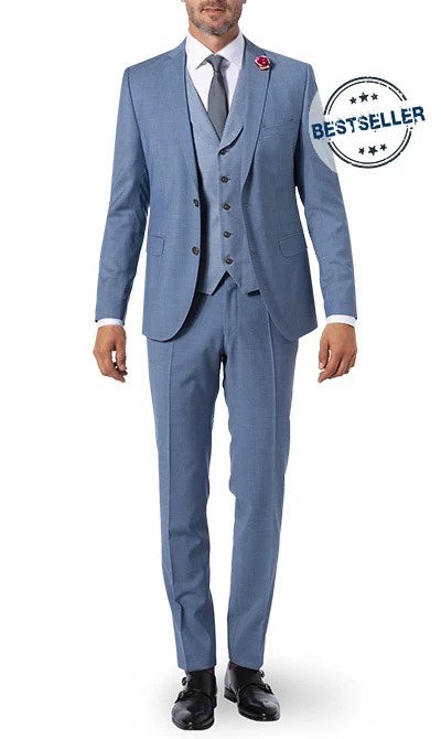 Anzug Mit Weste, Slim Fit, Schurwolle, Rauchblau