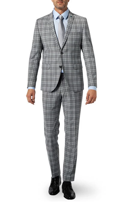 Anzug, Slim Fit, Schurwoll-Stretch, Steingrau Kariert