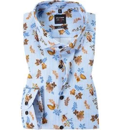 OLYMP Hemd, Body Fit, Baumwolle, Extra Langer Arm, Hellblau-braun Gemustert