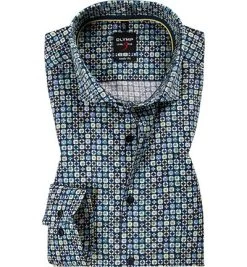 OLYMP Hemd, Body Fit, Baumwolle, Extra Langer Arm, Blau-gelb Gemustert