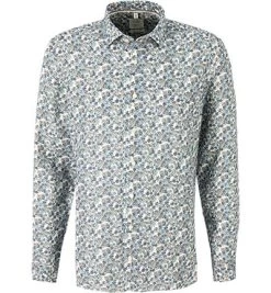 OLYMP Hemd, Body Fit, Reines Leinen, Weiß-blau Gemustert