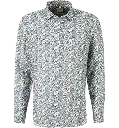 OLYMP Hemd, Body Fit, Reines Leinen, Weiß-blau Gemustert