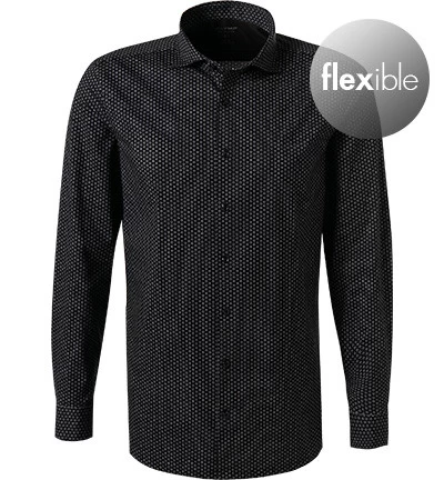OLYMP Hemd, Super Slim Fit, Jersey Geruchshemmend, Schwarz Gemustert