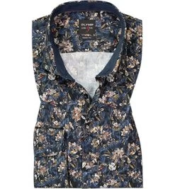 OLYMP Hemd, Body Fit, Baumwolle, Extra Langer Arm, Marine Gemustert