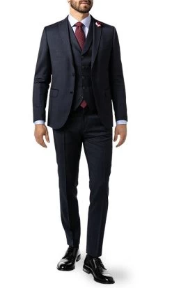 Anzug Mit Weste, Slim Fit, Schurwoll-Stretch, Marine Meliert