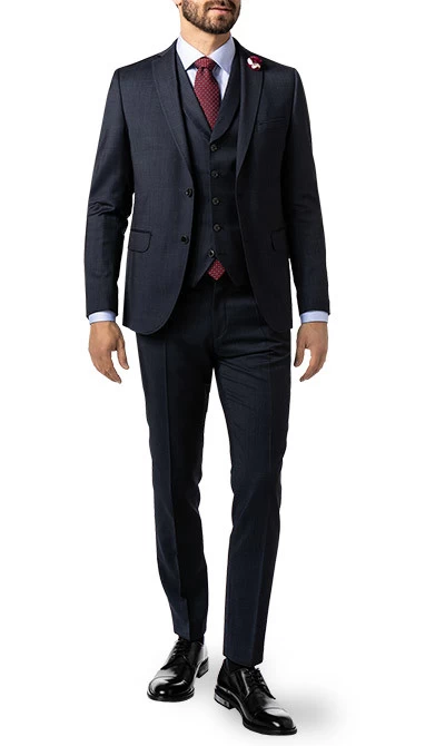 Anzug Mit Weste, Slim Fit, Schurwoll-Stretch, Marine Meliert