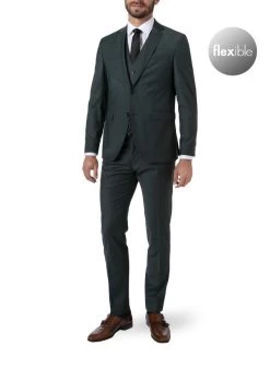 Anzug Mit Weste, Shape Fit, Schurwoll-Stretch, Jägergrün Meliert