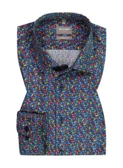 OLYMP Hemd, Comfort Fit, Baumwolle, Navy-rot Gemustert