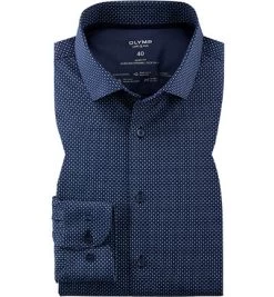 OLYMP Hemd, Body Fit, Baumwoll-Stretch Climate Control, Extra Langer Arm, Marineblau Gemustert