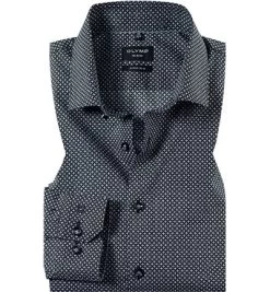 OLYMP Hemd, Super Slim Fit, Baumwoll-Stretch, Extra Langer Arm, Marine Gemustert