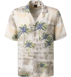 BOSS ORANGE Kurzarmhemd, Regular Fit, Viskose, Lavendel-neongrün Gemustert