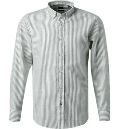 Hemd, Casual Fit, Leinen-Stretch, Salbei-weiß Gestreift