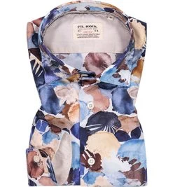 Hemd, Shaped Fit, Baumwolle, Blau-beige Gemustert