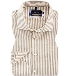 Hemd, Tailored Fit, Reines Leinen, Beige-weiß Gestreift