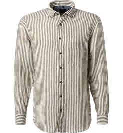 OLYMP Hemd, Modern Fit, Reines Leinen, Oliv-weiß Gestreift