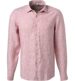 OLYMP Hemd, Body Fit, Reines Leinen, Rot Gestreift