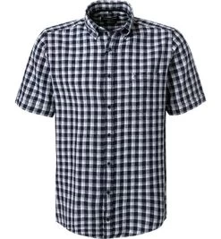 Kurzarmhemd, Leinen-Baumwolle, Blau Kariert