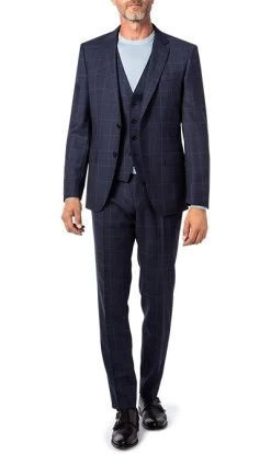 Anzug Mit Weste, Schurwolle Super110, Dunkelblau Kariert