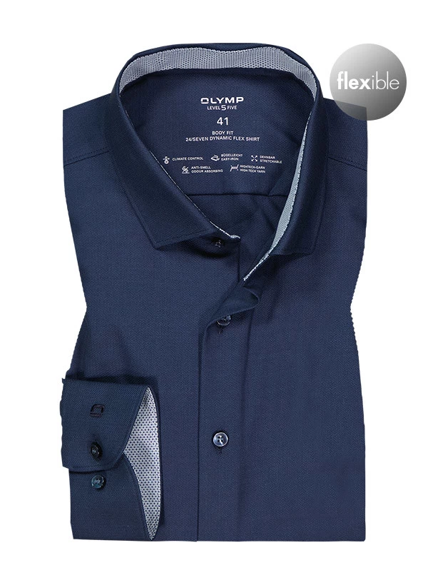 OLYMP Hemd, Body Fit, Baumwoll-Stretch Climate Control, Extra Langer Arm, Nachtblau